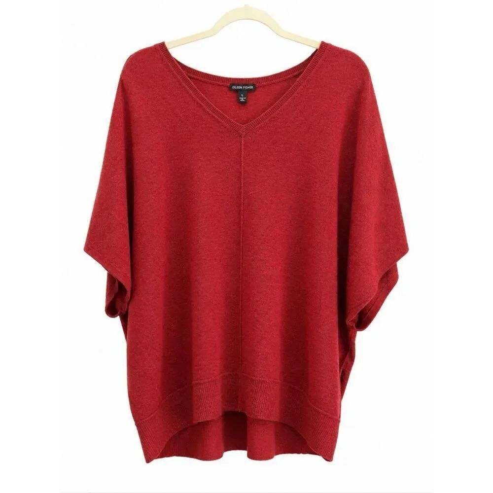 Eileen Fisher Merino Wool Sweater Women’s Large Red Boxy V Neck Minimalist Top